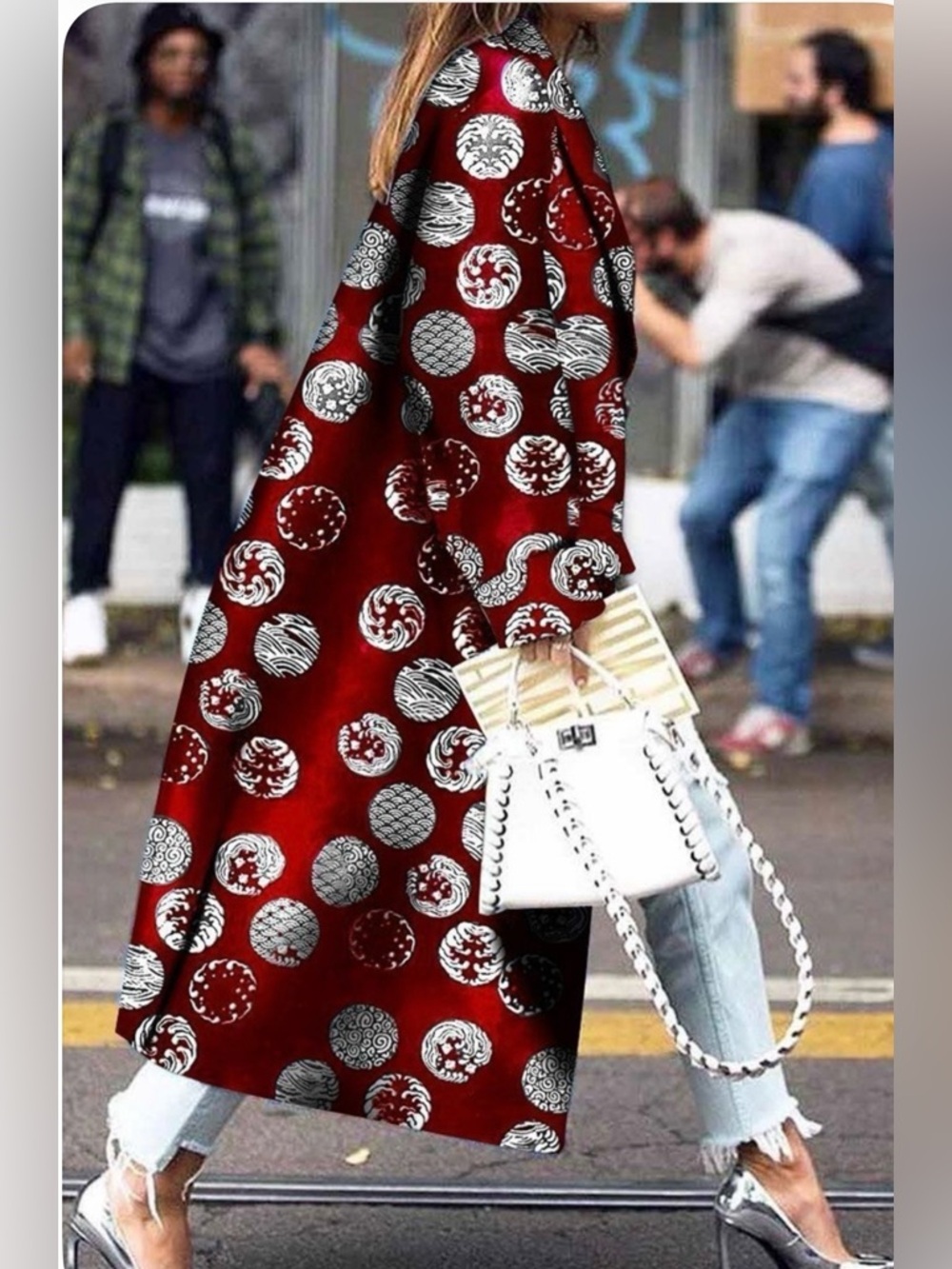 Statement Piece! Red Printed Long Duster Coat Lined Kimono Open Front